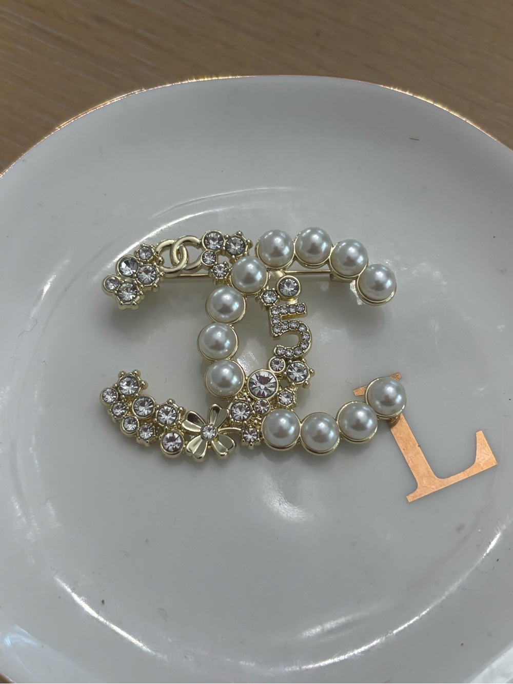 Source Unknown Gold Pearl & Crystal Double-C Brooch